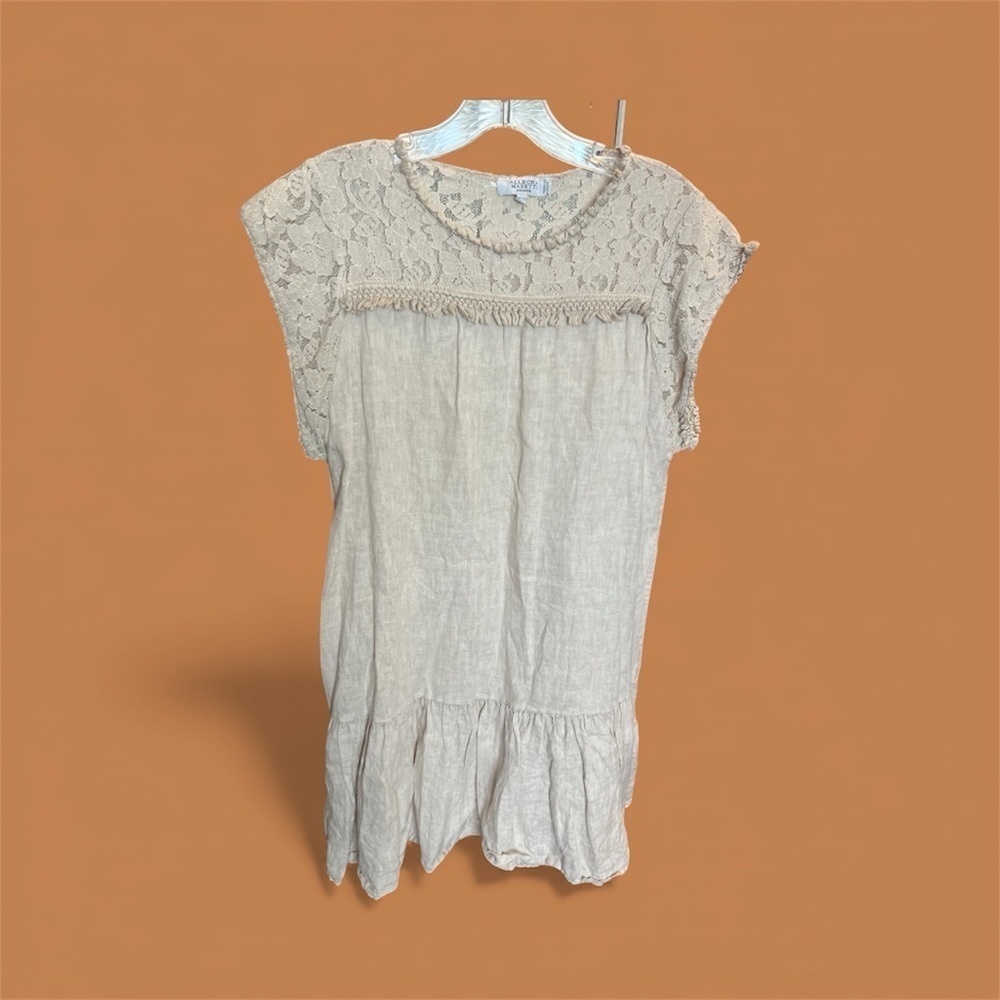 Allegra Masseti Chic Beige Lace Midi Dress (M) made in Italy  100% Linen